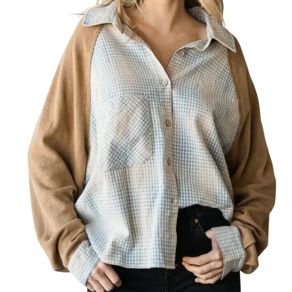 Waffle Sleeve Plaid Button-Up Top in Tan and Light Blue NWT - Picture 3 of 9